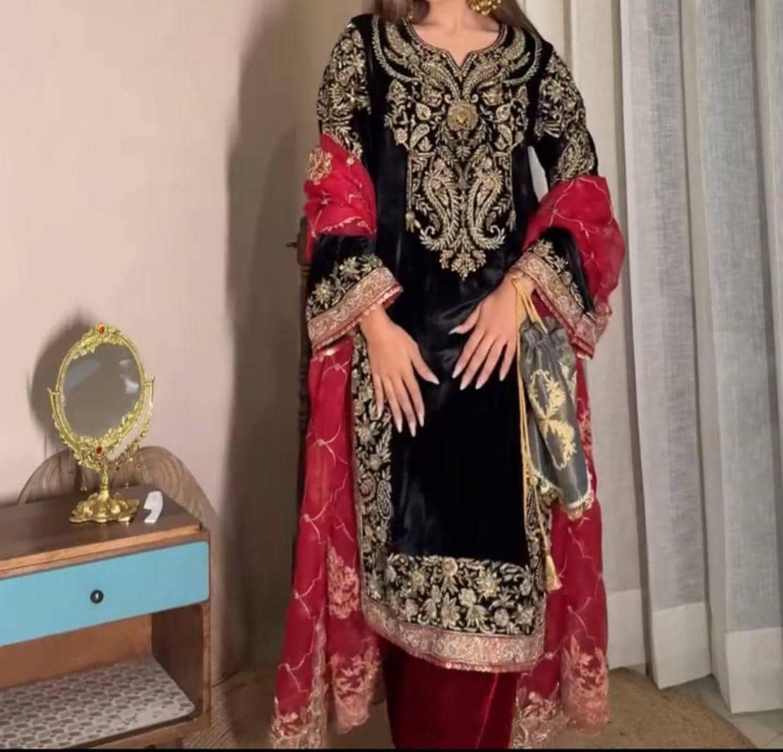 Velvet Winter Wear Embroidered Kurti Palazzo Suit Set with Sequin Zari Work Dupatta
