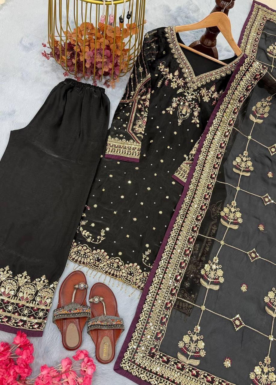 Black Jimmy Choo Embroidered Suit Set with Palazzo & Dupatta With Diamond Moti Work