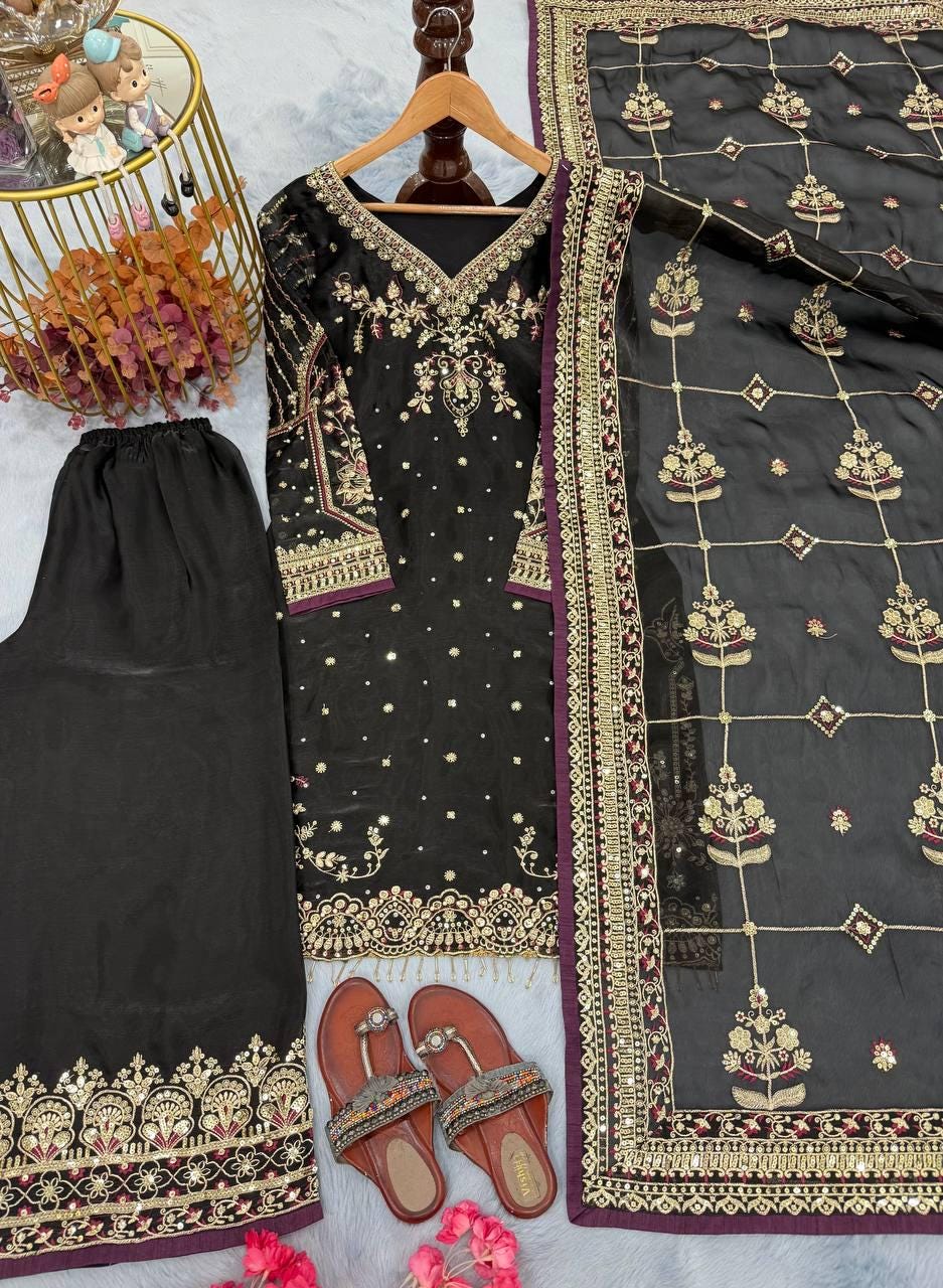 Black Jimmy Choo Embroidered Suit Set with Palazzo & Dupatta With Diamond Moti Work