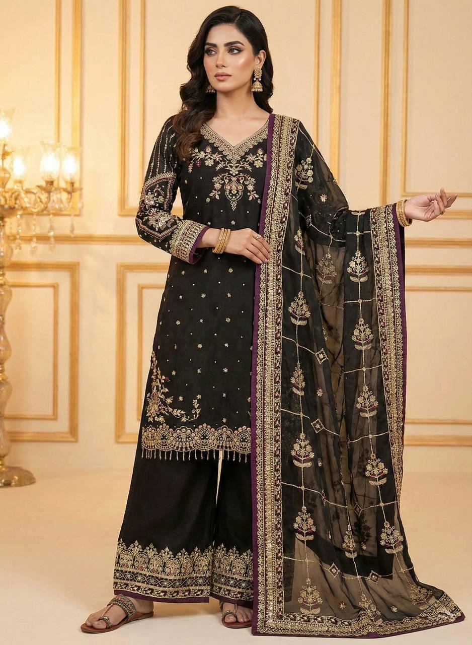 Black Jimmy Choo Embroidered Suit Set with Palazzo & Dupatta With Diamond Moti Work