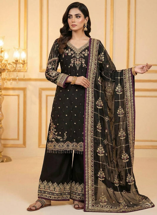 Black Jimmy Choo Embroidered Suit Set with Palazzo & Dupatta With Diamond Moti Work