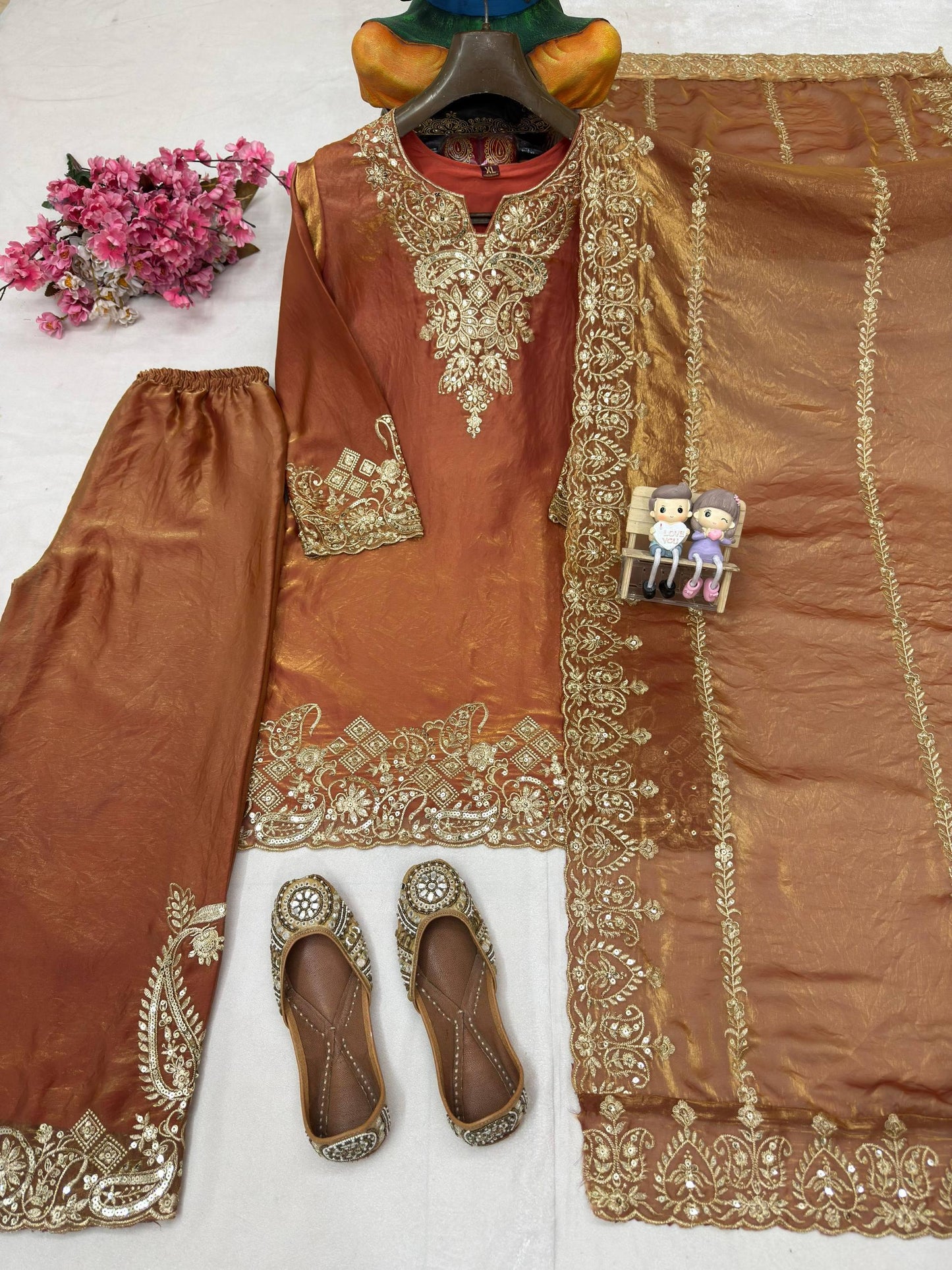 Frendy Silk Embroidered Kurti Palazzo Suit Set with Dupatta – Sequin Zari Work Party Wear