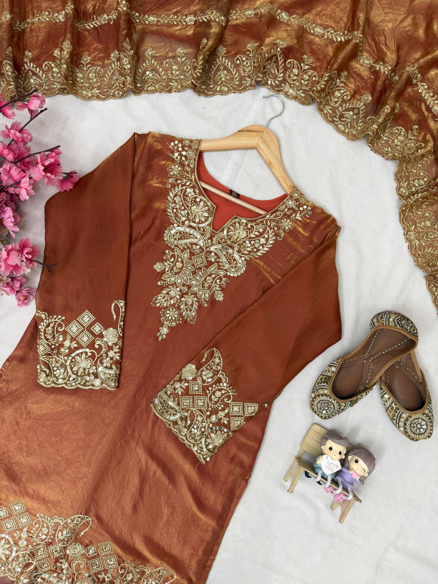 Frendy Silk Embroidered Kurti Palazzo Suit Set with Dupatta – Sequin Zari Work Party Wear