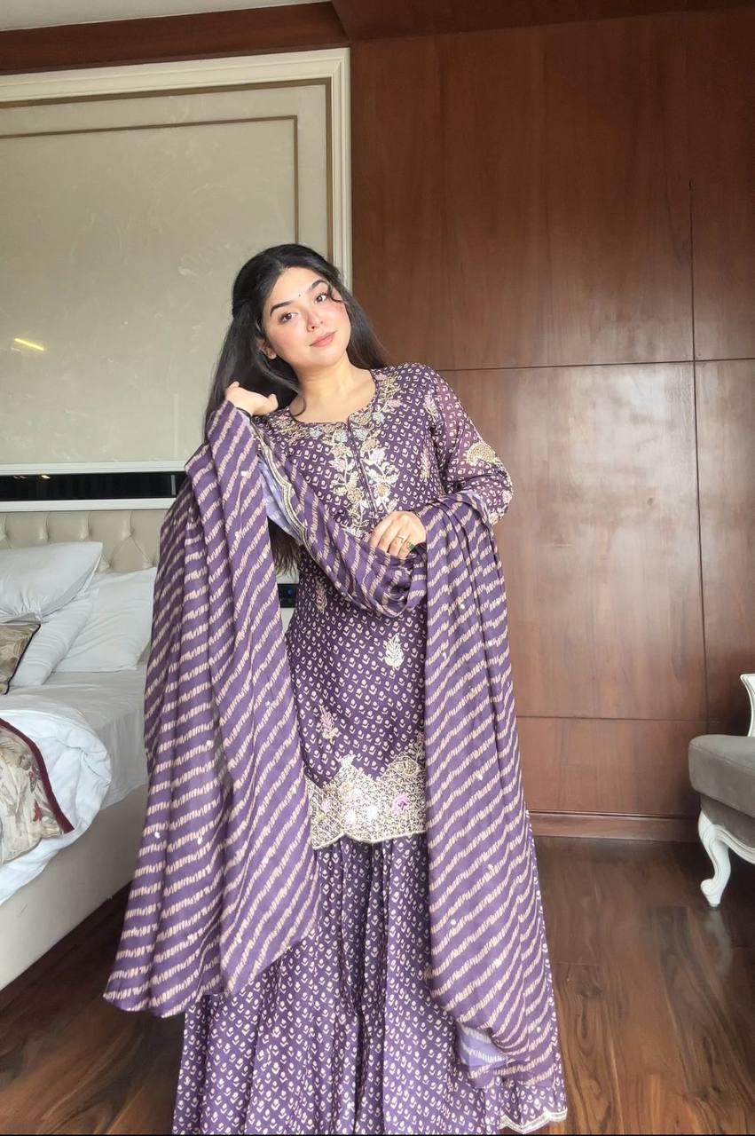 Designer Purple Chinon Embroidered Sharara Suit Set with Diamond Work Dupatta