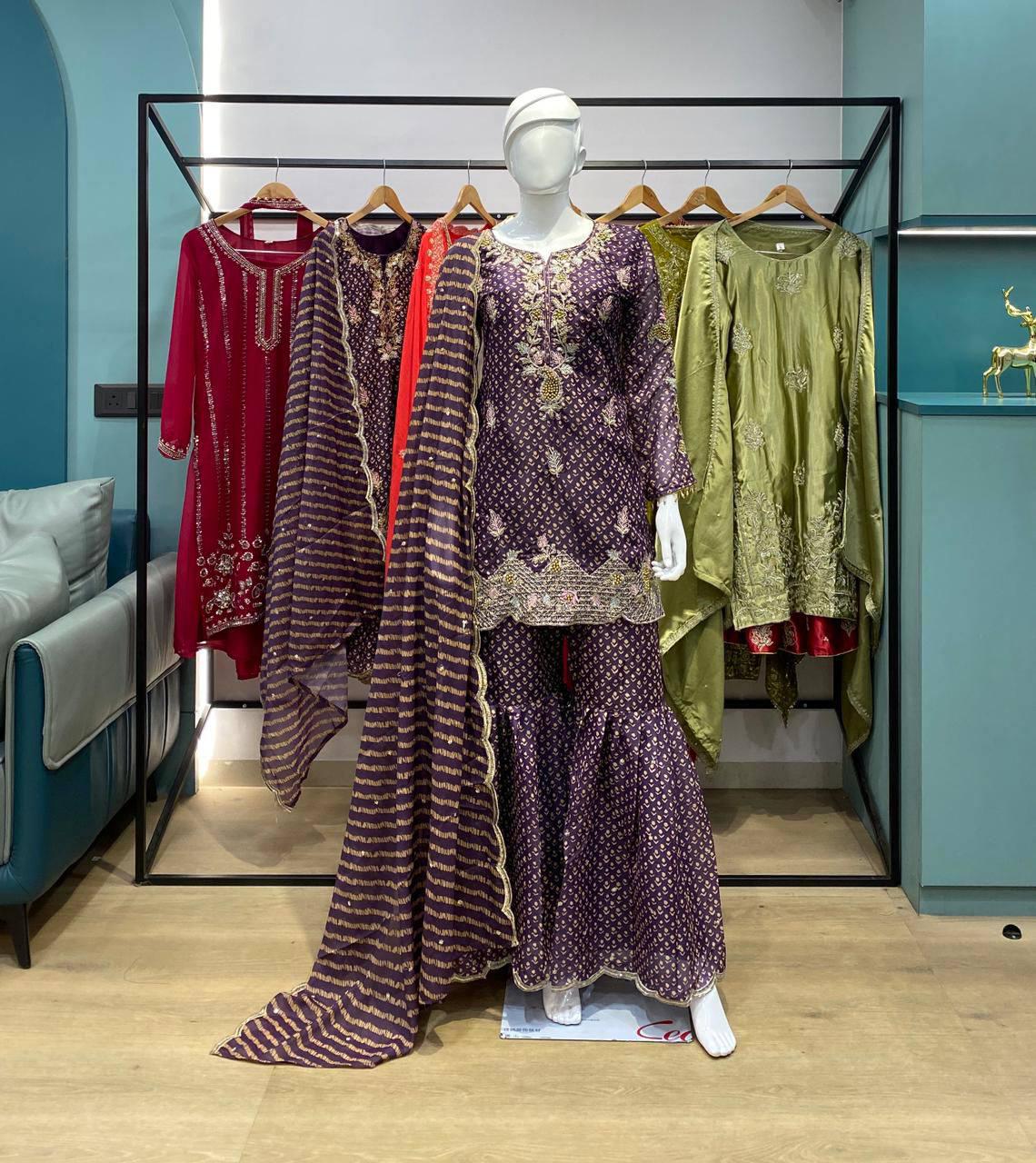 Designer Purple Chinon Embroidered Sharara Suit Set with Diamond Work Dupatta