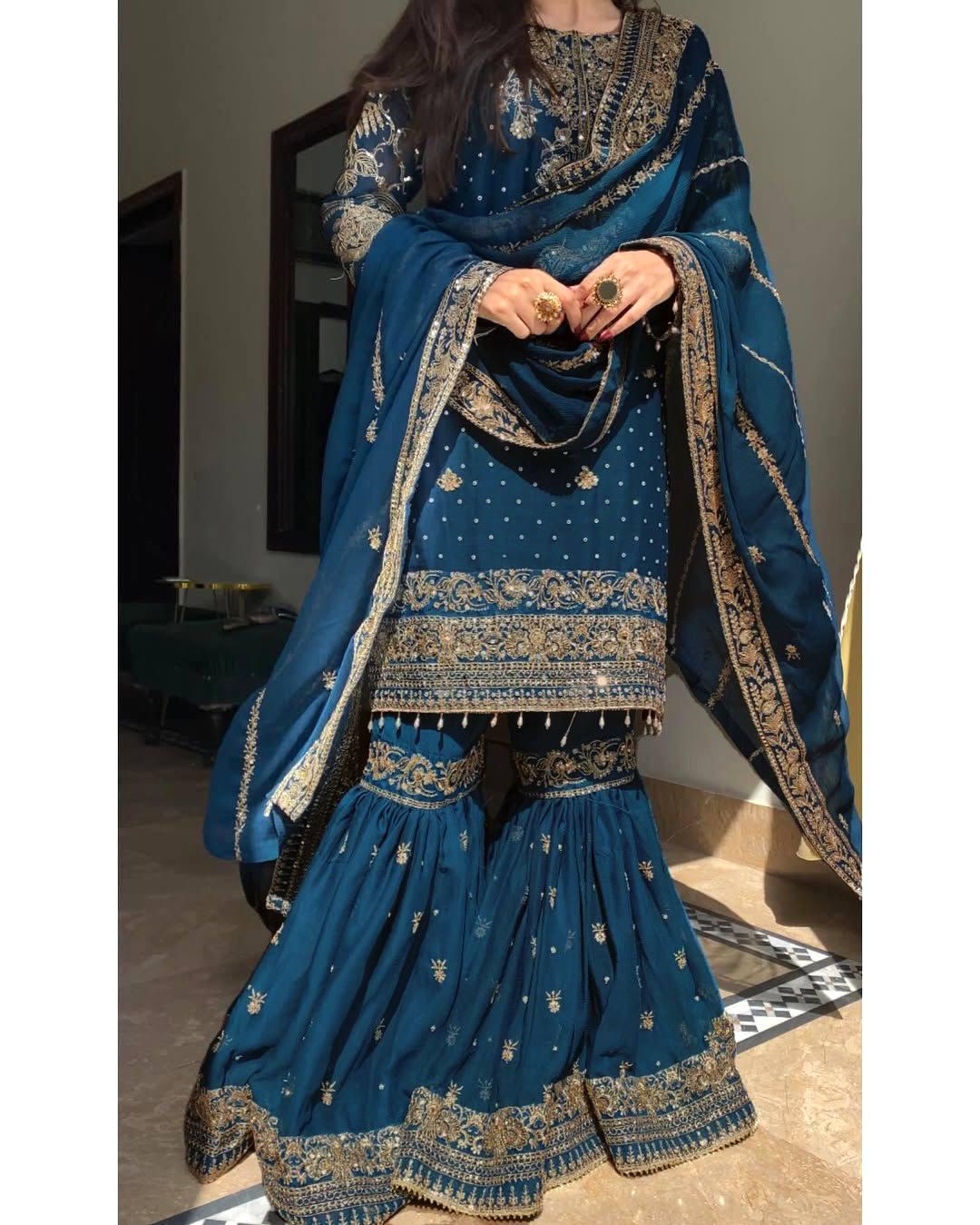 Georgette Kurti Sharara Suit with Elegant Sequin Zari Embroidery Work | Festive Wear