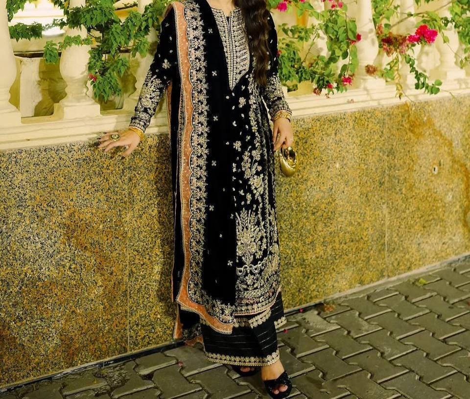 Luxury Velvet Kurti Plazzo Dupatta Set | Heavy Sequin & Zari Embroidery Work | Ready To Wear