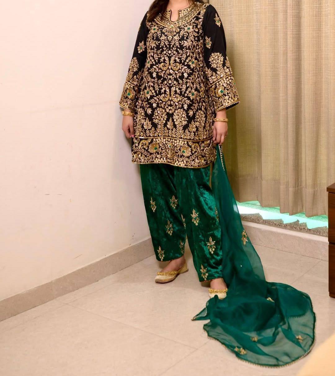 Designer Velvet Kurti Pant Dupatta Set | Sequin Zari Embroidery Work Party Wear