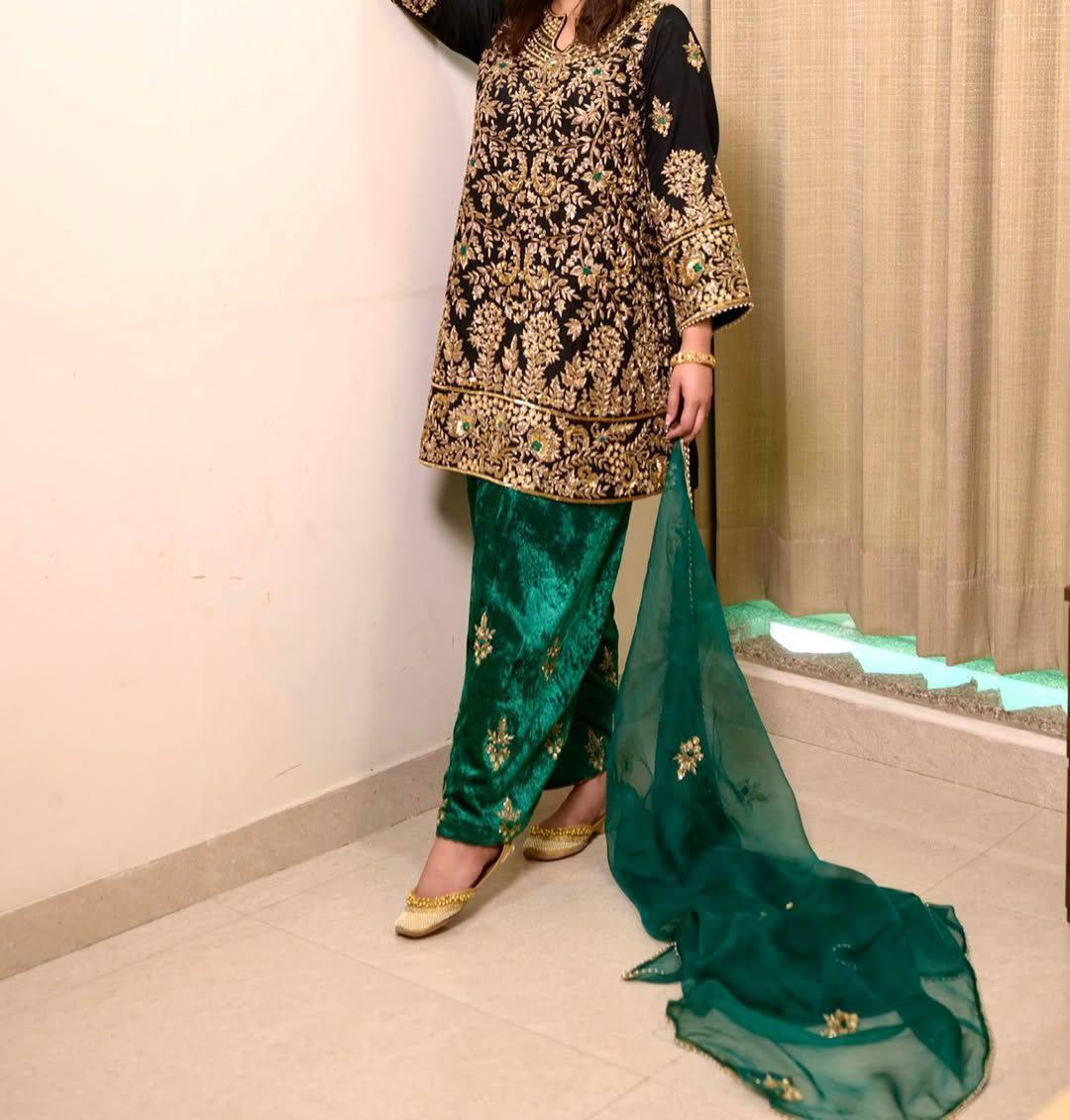 Designer Velvet Kurti Pant Dupatta Set | Sequin Zari Embroidery Work Party Wear