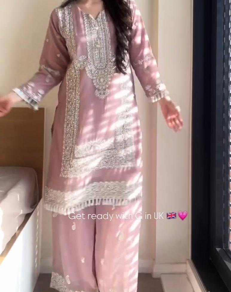 Embroidered Faux Georgette Kurti Palazzo Suit | Sequin & Pearl Work