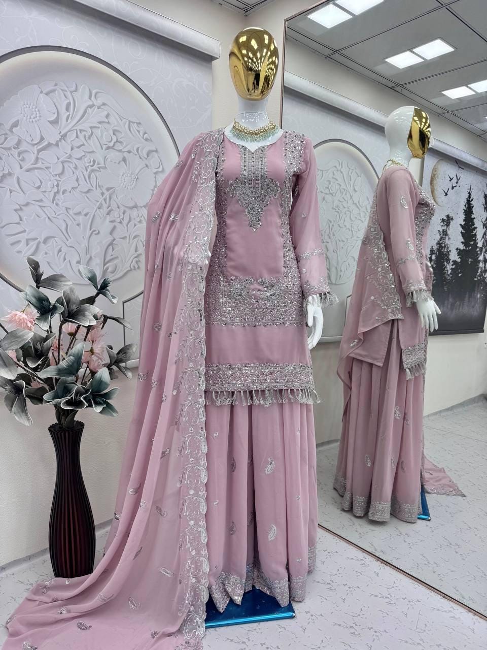 Embroidered Faux Georgette Kurti Palazzo Suit | Sequin & Pearl Work