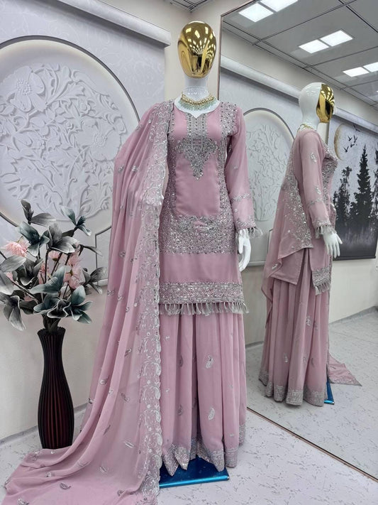 Embroidered Faux Georgette Kurti Palazzo Suit | Sequin & Pearl Work