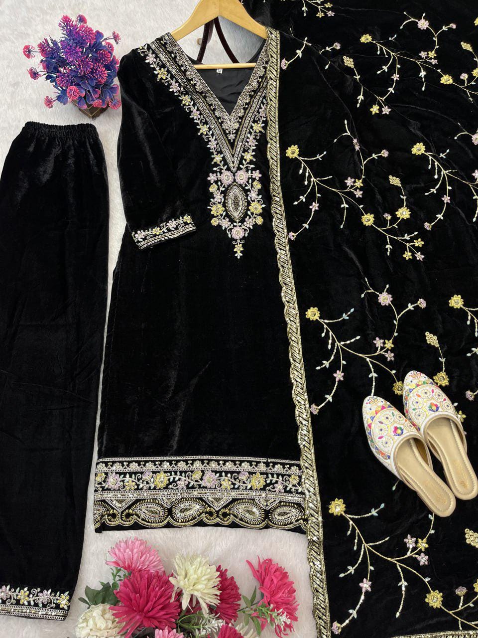 Majestic Black Velvet Designer Suit Set with Heavy Sequin Embroidery Festive Fashion