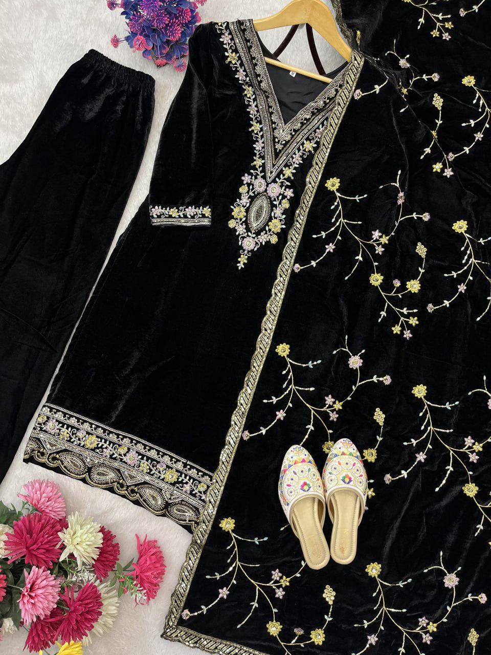 Majestic Black Velvet Designer Suit Set with Heavy Sequin Embroidery Festive Fashion