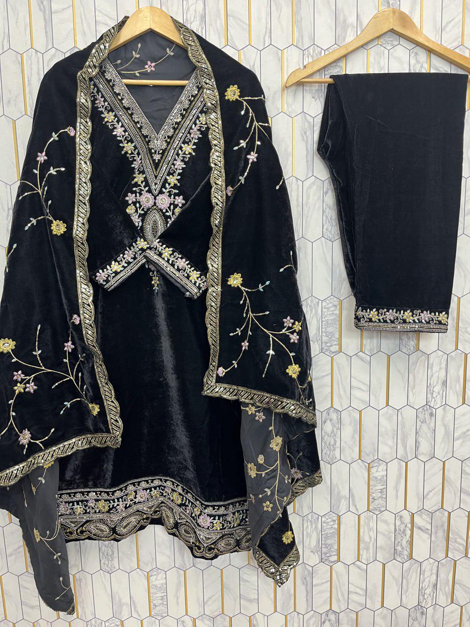 Majestic Black Velvet Designer Suit Set with Heavy Sequin Embroidery Festive Fashion