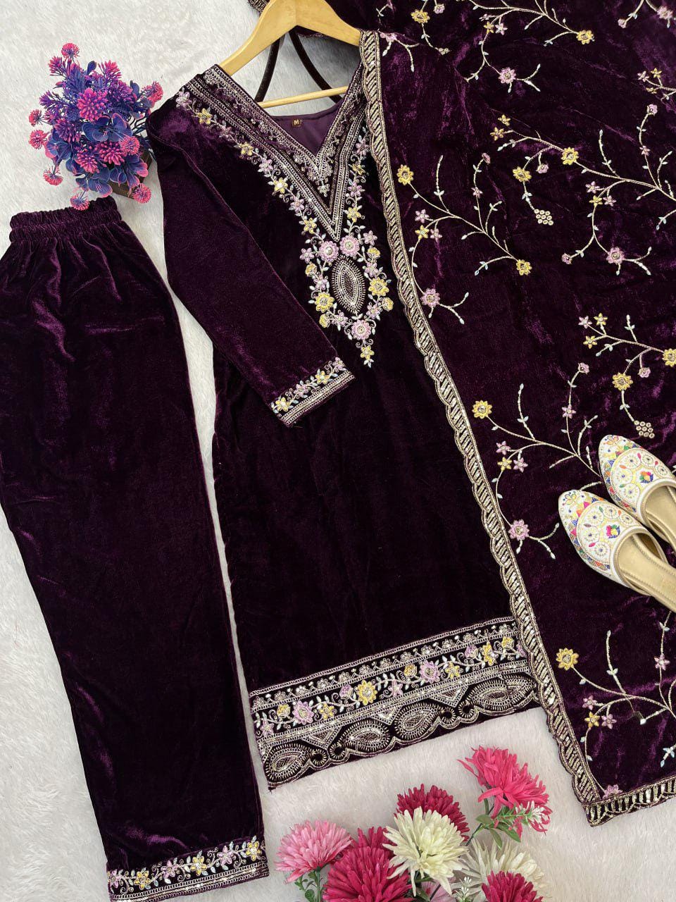 Exclusive Velvet Sequin Embroidered Three-Piece Suit Set Wine Luxury Ethnic Occasion Wear
