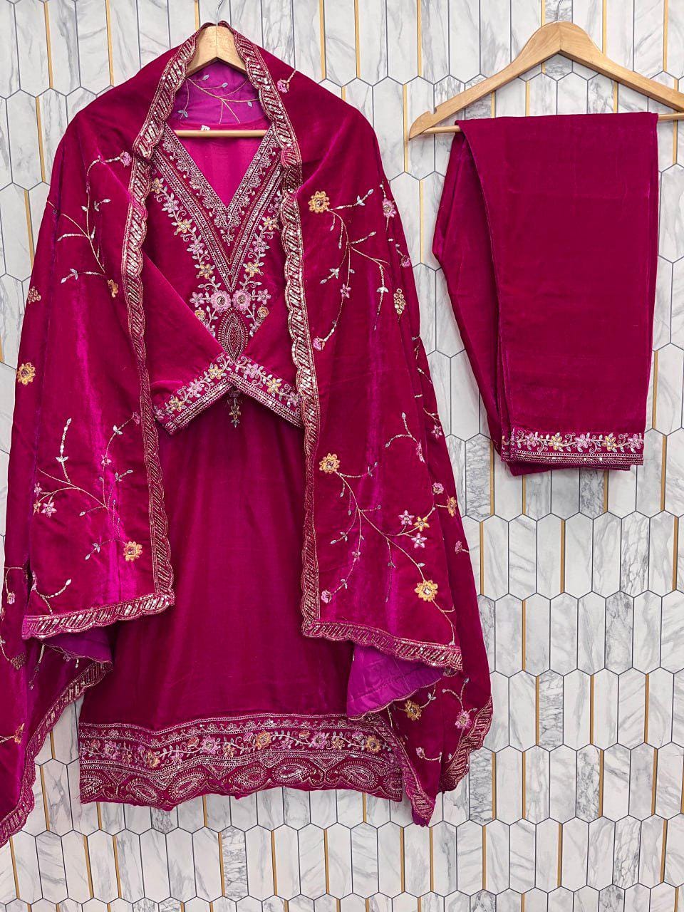 Royal Hot Pink Velvet Embroidered Suit Set with Matching Dupatta