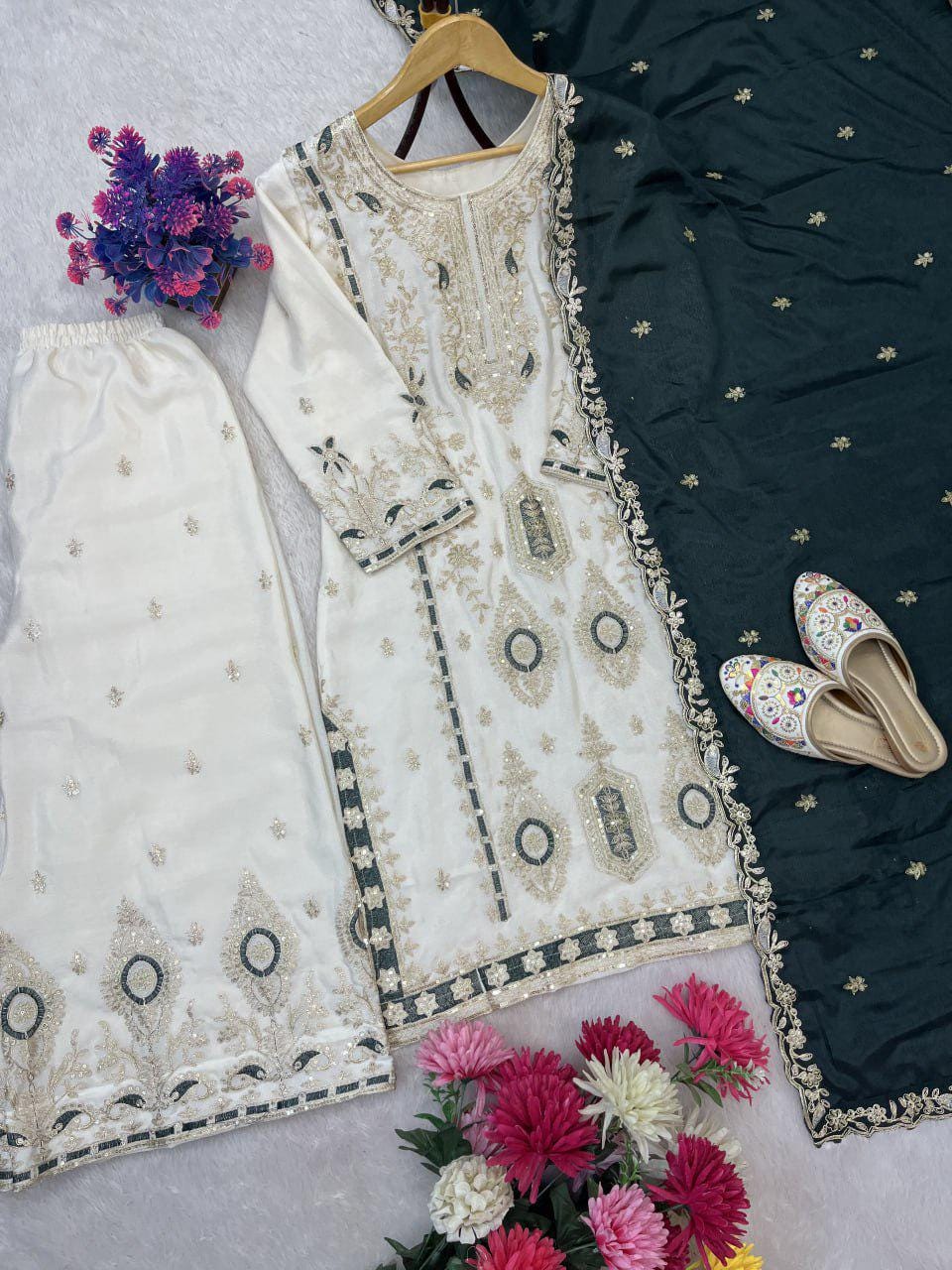 Pakistani Style Chinon Silk Designer Kurti Plazzo Suit Set in Luxury Sequin Embroidered Work