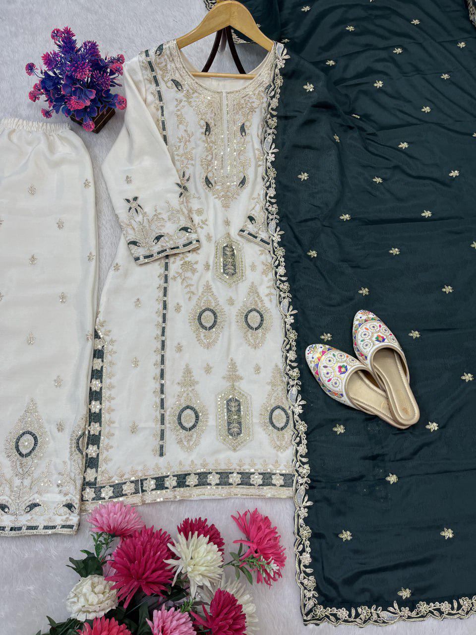 Pakistani Style Chinon Silk Designer Kurti Plazzo Suit Set in Luxury Sequin Embroidered Work