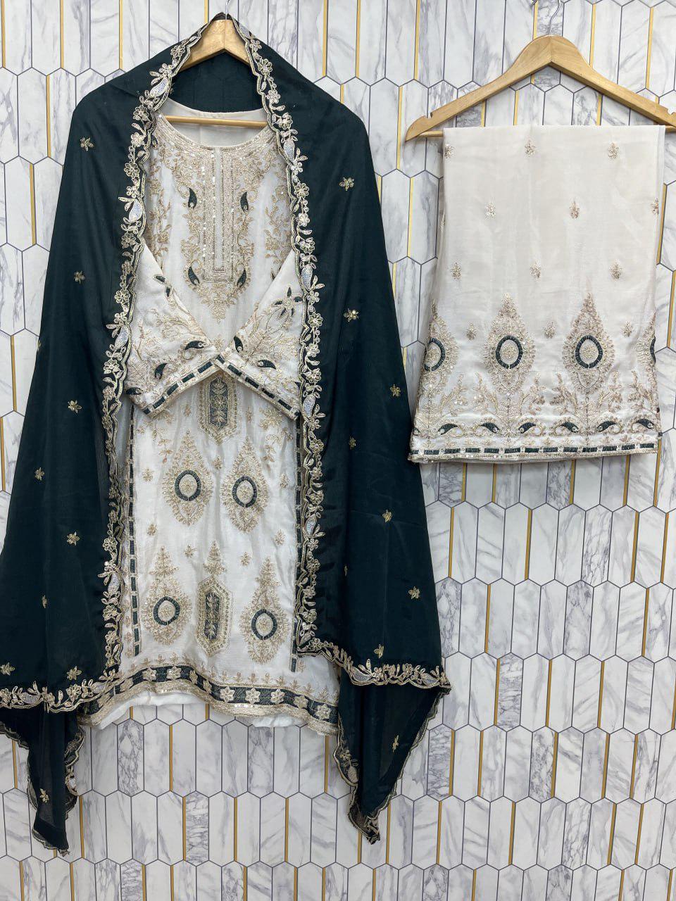 Pakistani Style Chinon Silk Designer Kurti Plazzo Suit Set in Luxury Sequin Embroidered Work