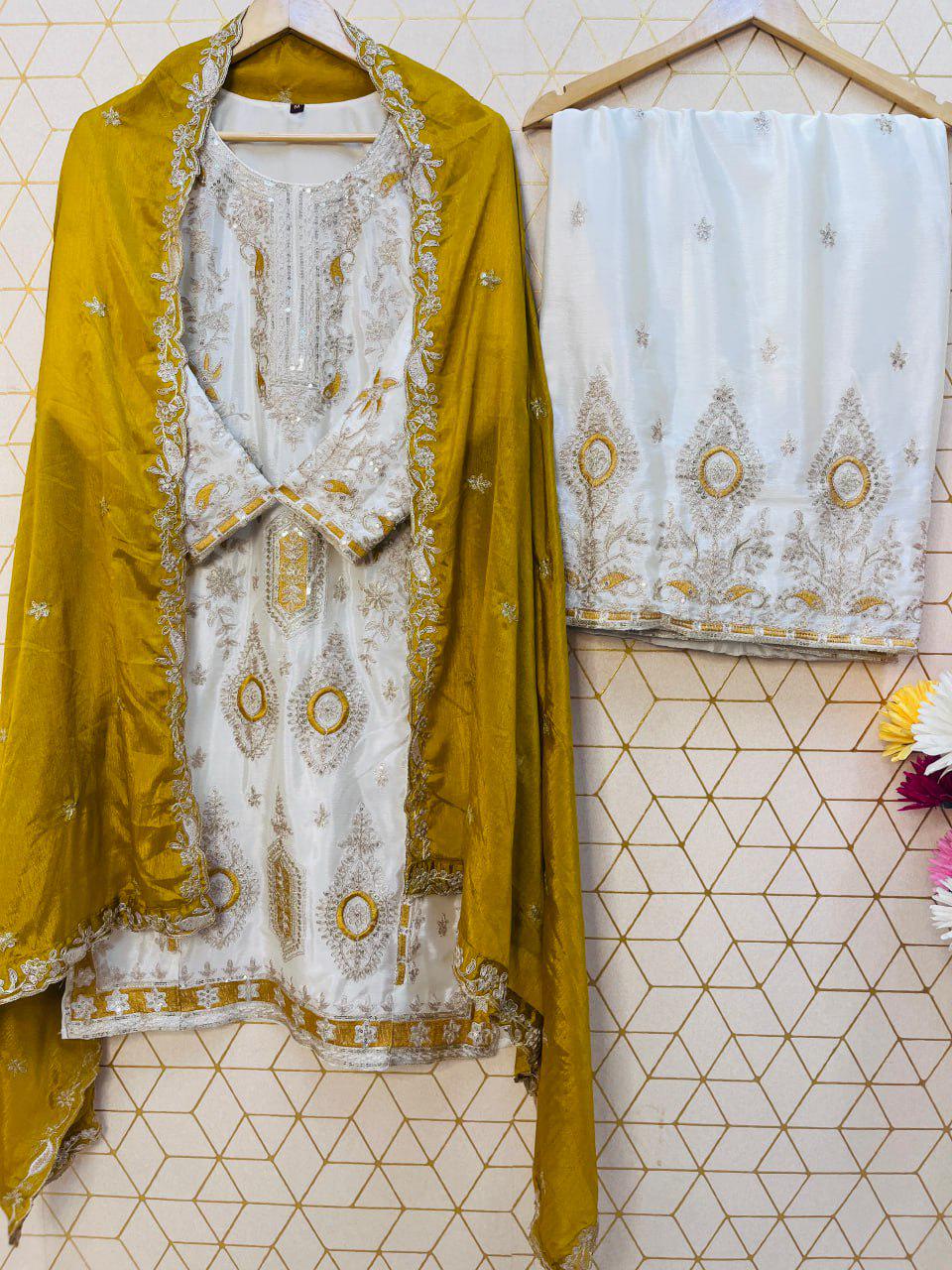 Designer Pure Chinon Silk Detailed Sequin Embroidered Palazzo Suit With Velvet Dupatta Set