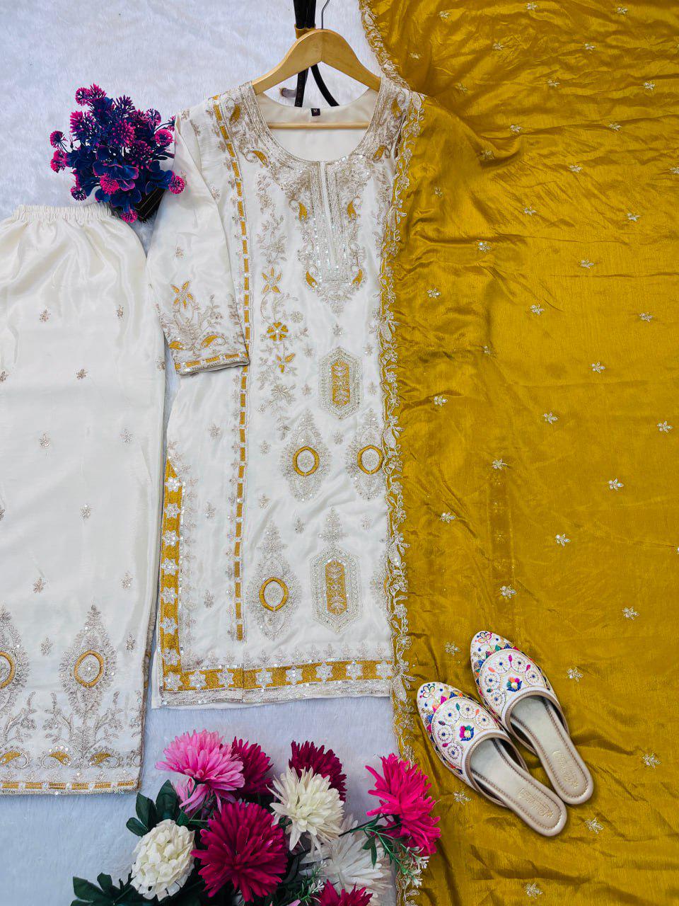 Designer Pure Chinon Silk Detailed Sequin Embroidered Palazzo Suit With Velvet Dupatta Set