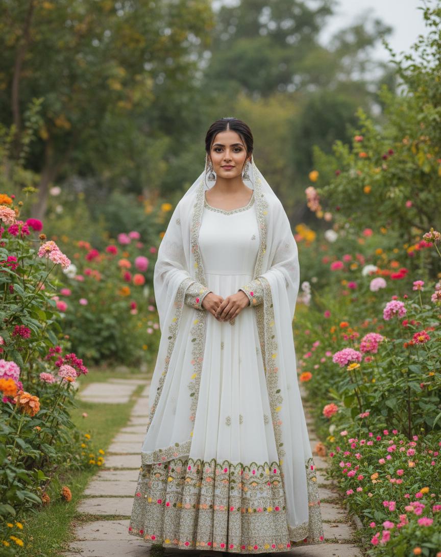 Luxury White Embroidered Anarkali Dress with Heavy Sequence Work for Women Wear