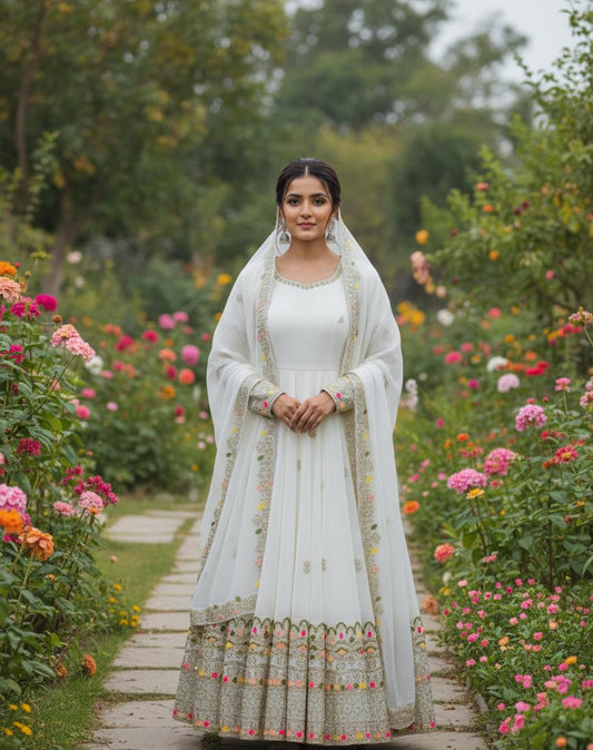 Luxury White Embroidered Anarkali Dress with Heavy Sequence Work for Women Wear