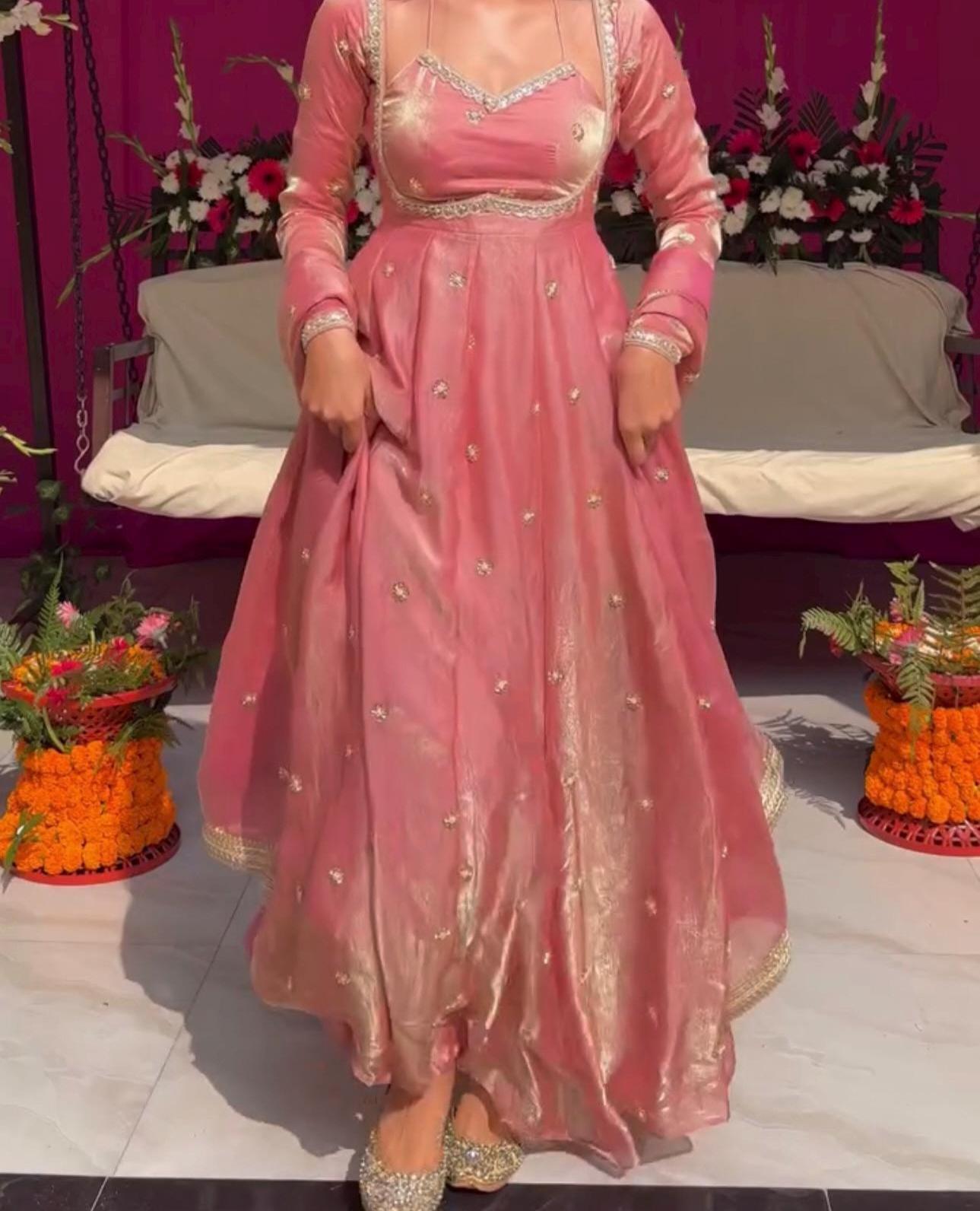 Designer Party Wear Silk Gown Set | Heavy Embroidery Sequins Gown with Dupatta & Pant