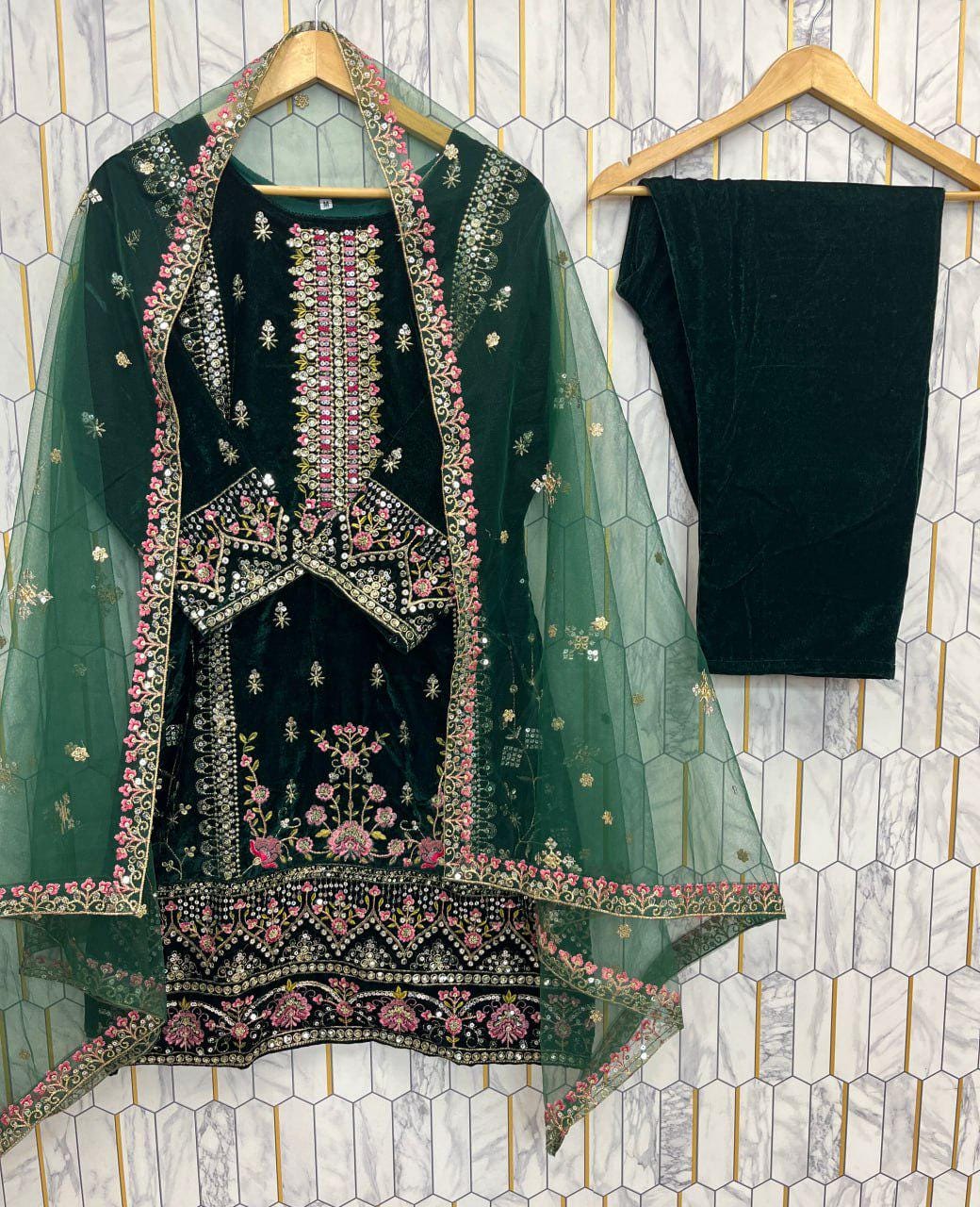 Designer Heavy Viscose Velvet Sequin Embroidered Suit Set with Pant and Butterfly Net Dupatta