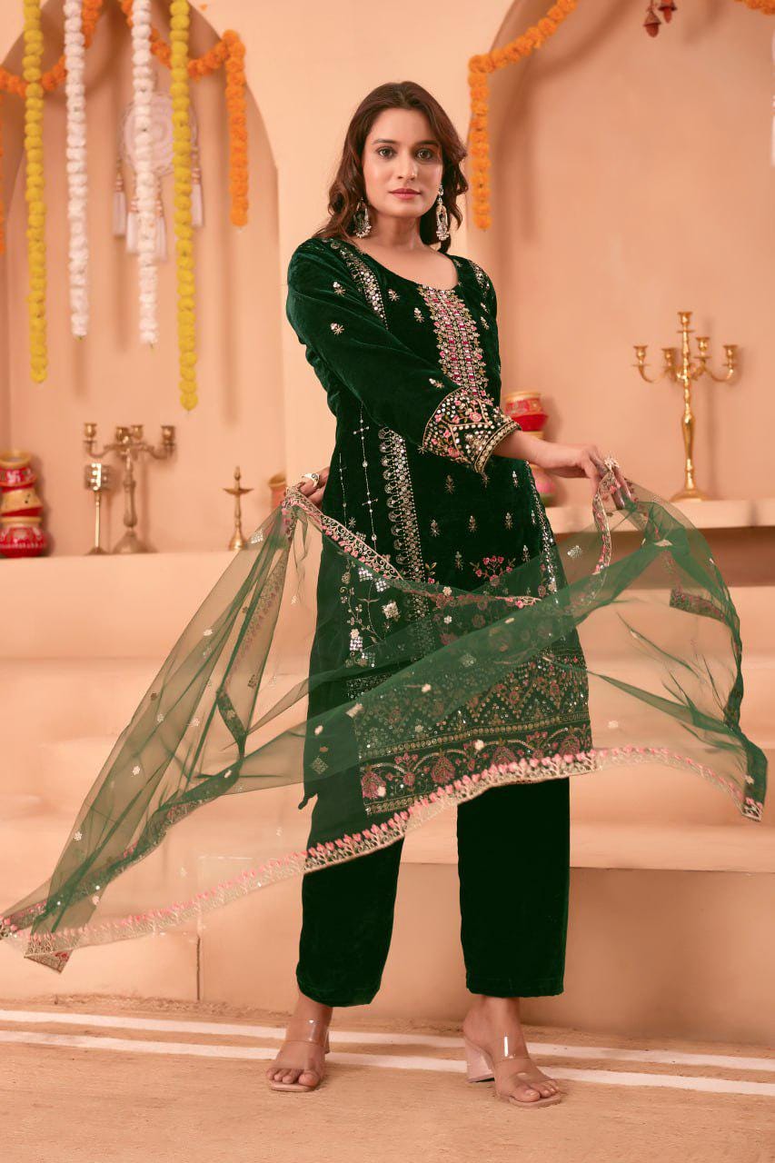 Designer Heavy Viscose Velvet Sequin Embroidered Suit Set with Pant and Butterfly Net Dupatta