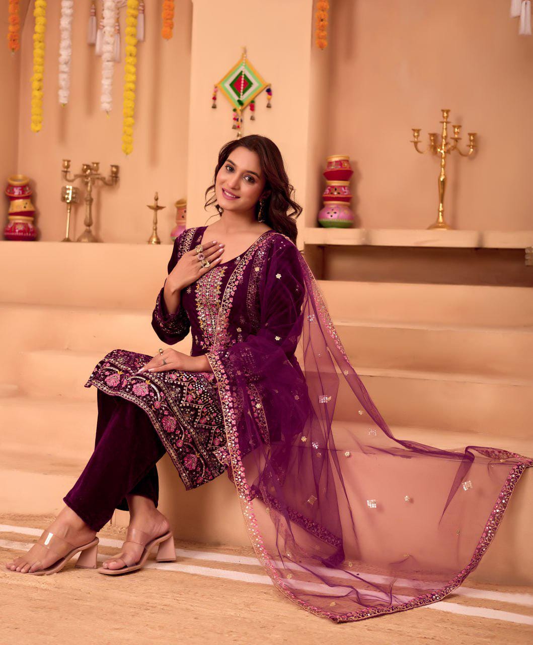 Heavy Viscose Velvet Sequin Embroidered Suit Set with Pant and Dupatta