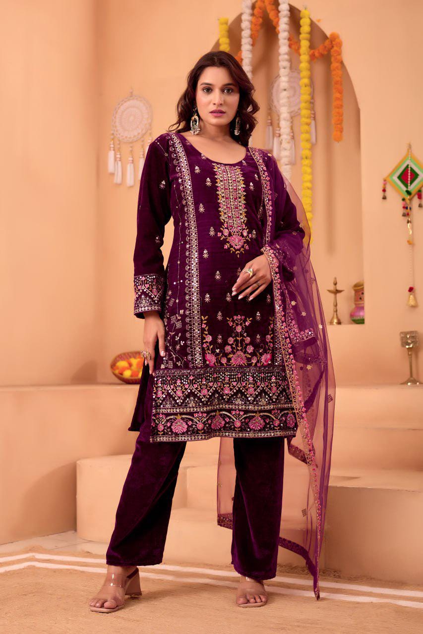 Heavy Viscose Velvet Sequin Embroidered Suit Set with Pant and Dupatta