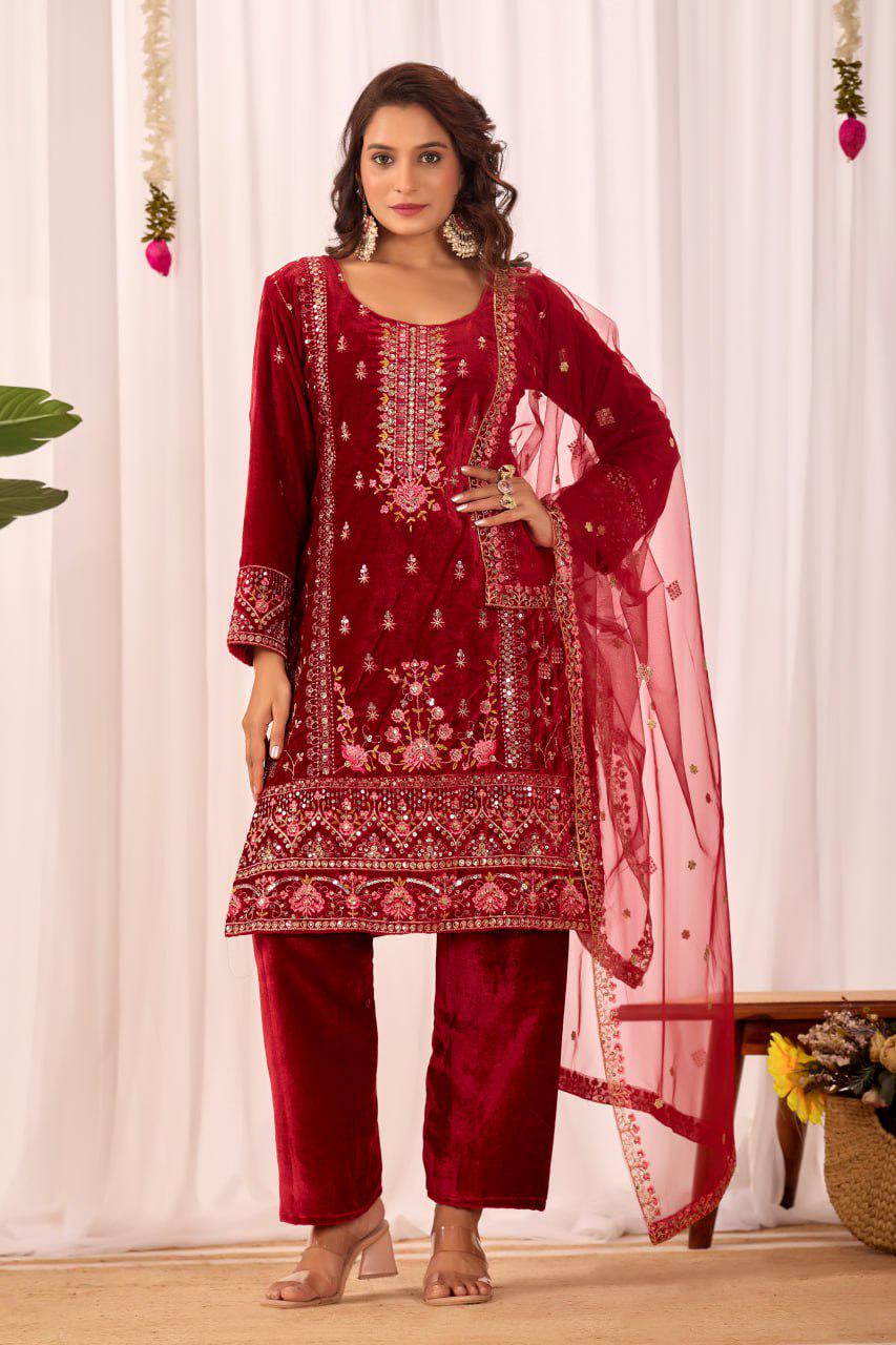 Red Heavy Viscose Velvet Sequin Embroidered Suit Set with Pant and Butterfly Net Dupatta