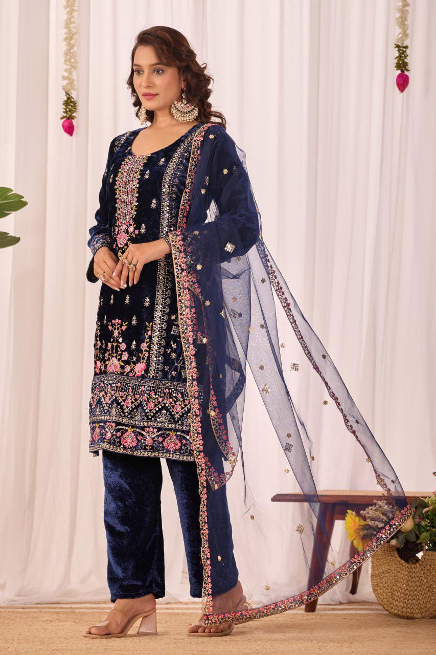 Elegant Blue Viscose Velvet Sequin Embroidered Suit with Pant and Festive Dupatta