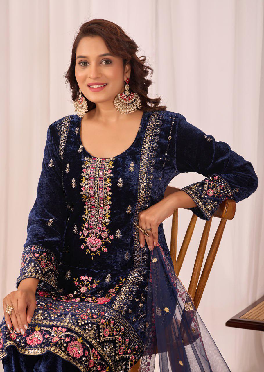 Elegant Blue Viscose Velvet Sequin Embroidered Suit with Pant and Festive Dupatta