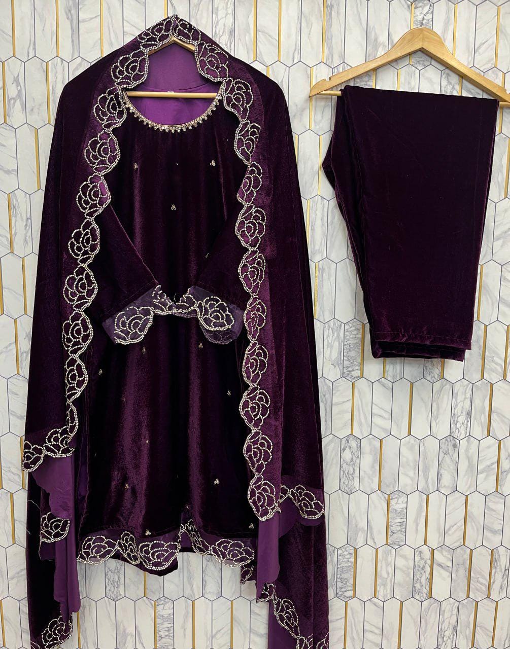 Pure Viscose Velvet Rhinestone Embroidered Suit Set with Dupatta – Party Wear Indian Outfit
