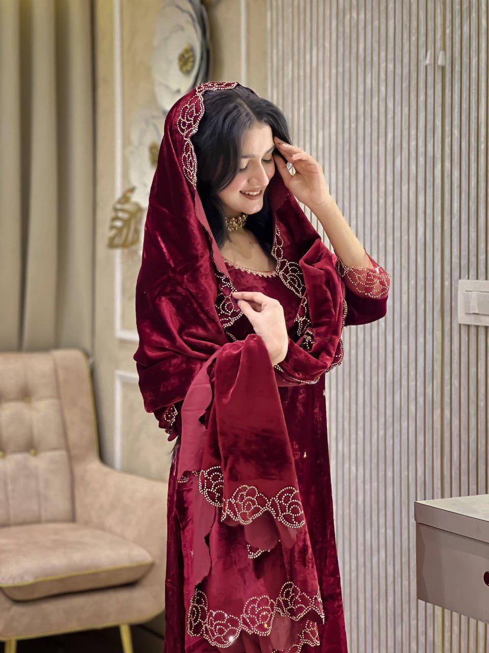 Red Viscose Velvet Rhinestone Rose Embroidered Suit Set with Dupatta - Wedding Outfit
