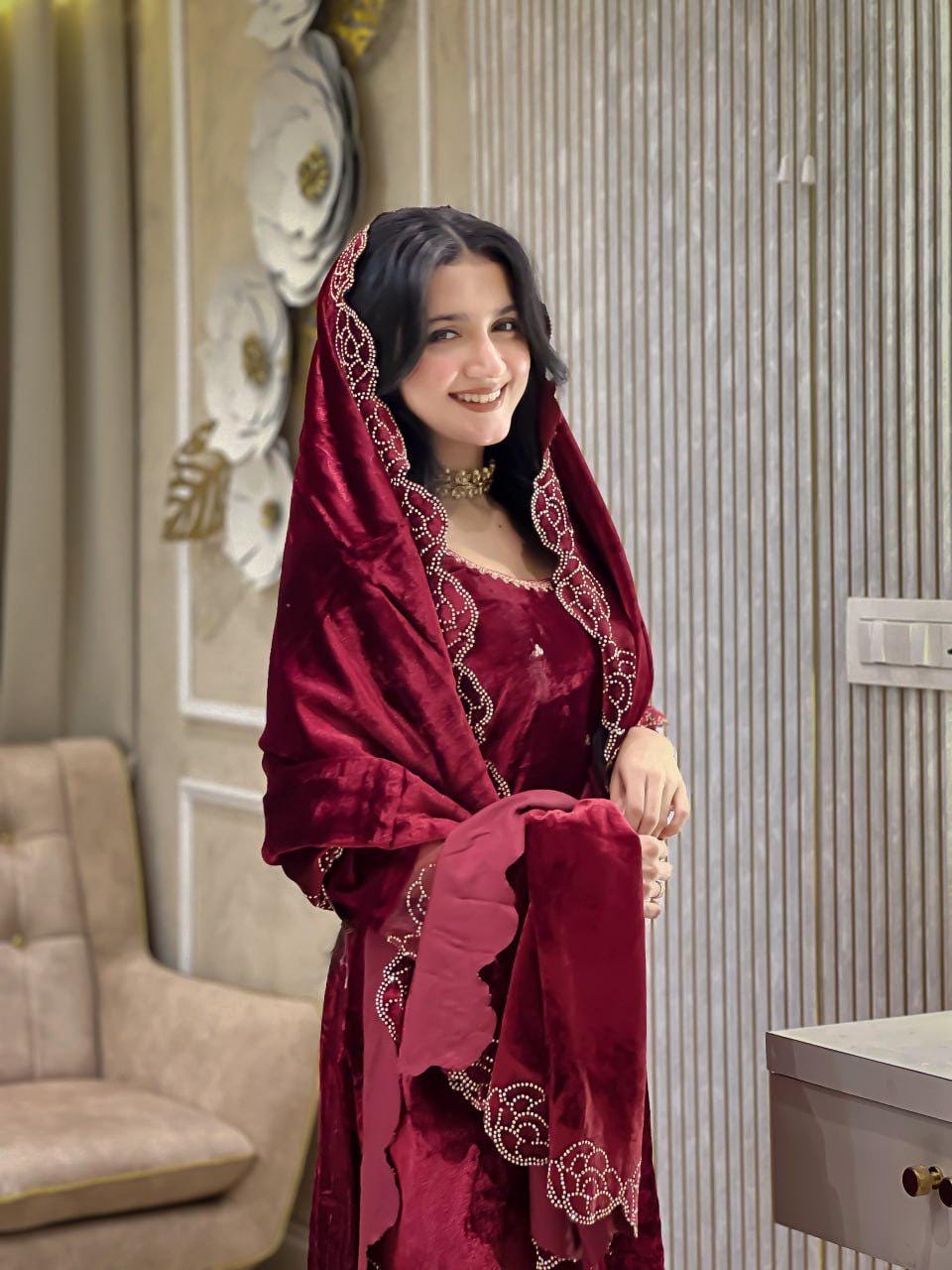 Red Viscose Velvet Rhinestone Rose Embroidered Suit Set with Dupatta - Wedding Outfit