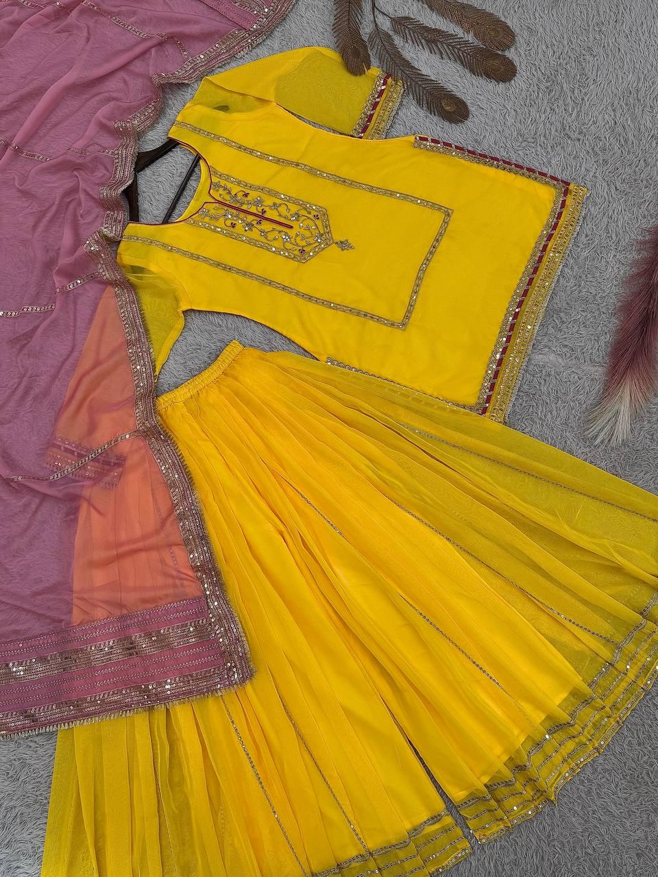 Kurta & Palazzo Dupatta Set With Pure Organza Silk Embroidered Suit - Haldi Outfit