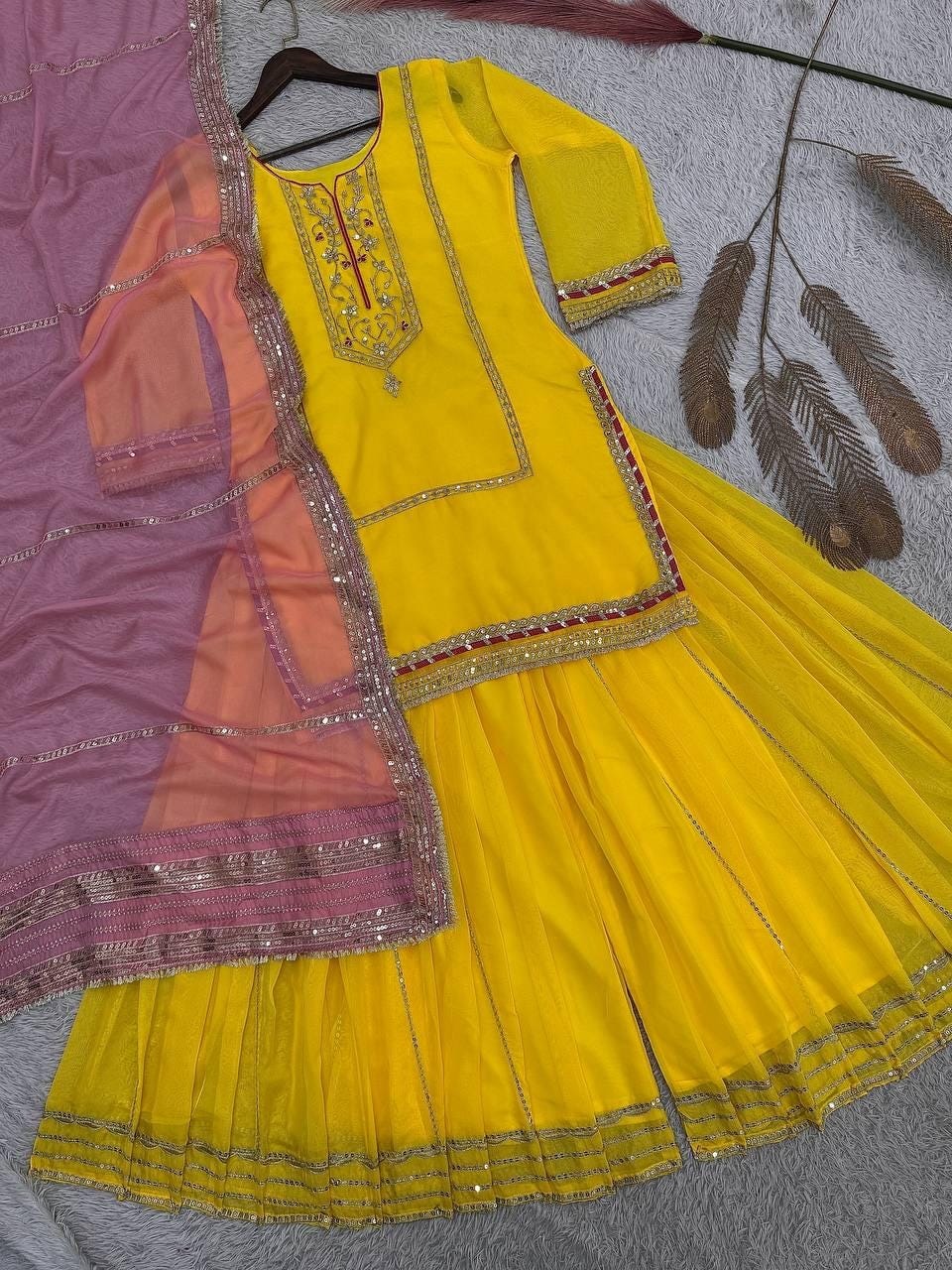 Kurta & Palazzo Dupatta Set With Pure Organza Silk Embroidered Suit - Haldi Outfit