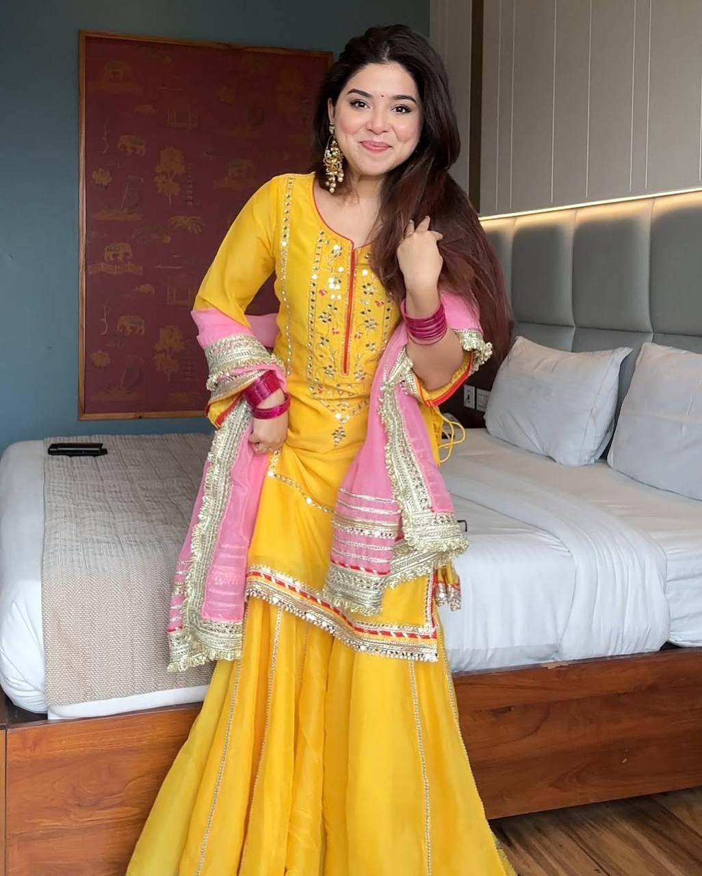 Kurta & Palazzo Dupatta Set With Pure Organza Silk Embroidered Suit - Haldi Outfit