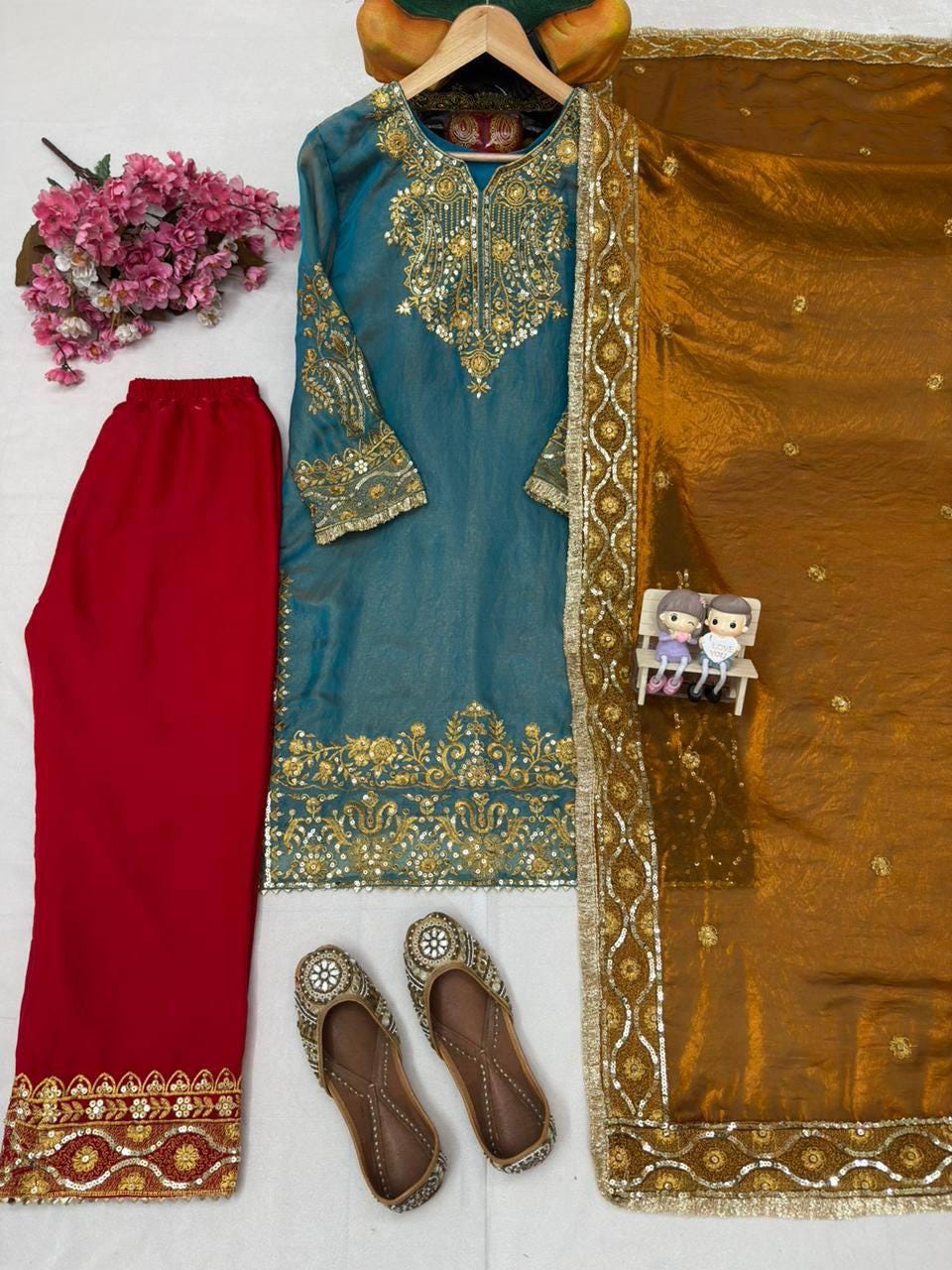 Pakistani Style Frendy Silk Sequin & Zari Embroidery Kurti Pant Set with Dupatta