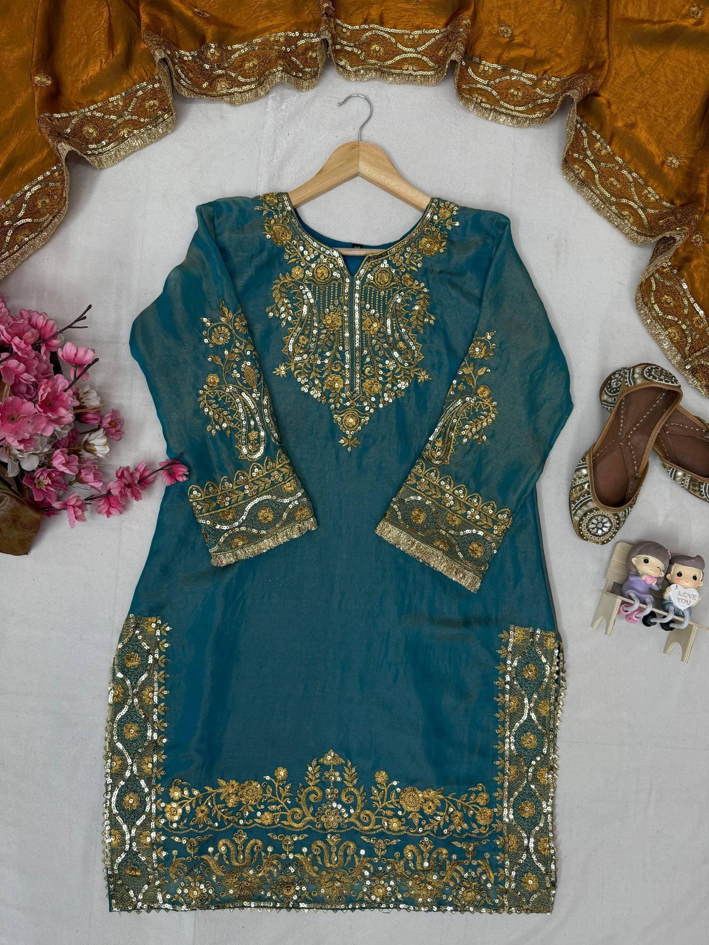 Pakistani Style Frendy Silk Sequin & Zari Embroidery Kurti Pant Set with Dupatta