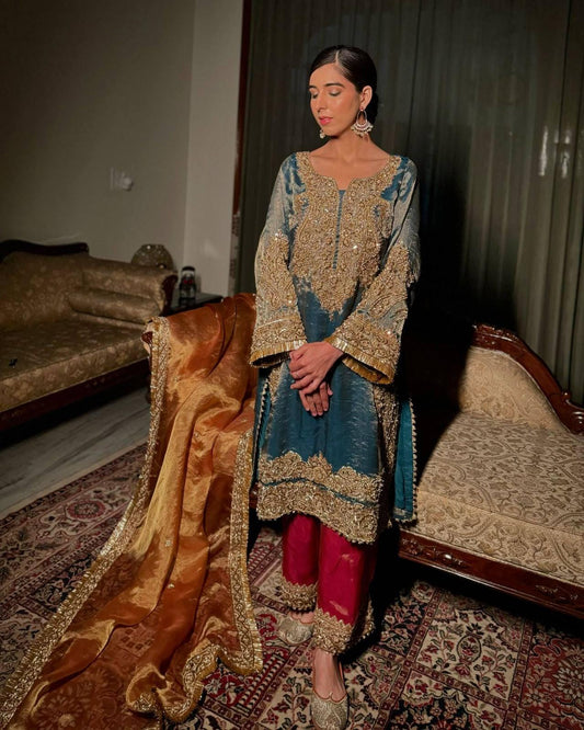 Pakistani Style Frendy Silk Sequin & Zari Embroidery Kurti Pant Set with Dupatta