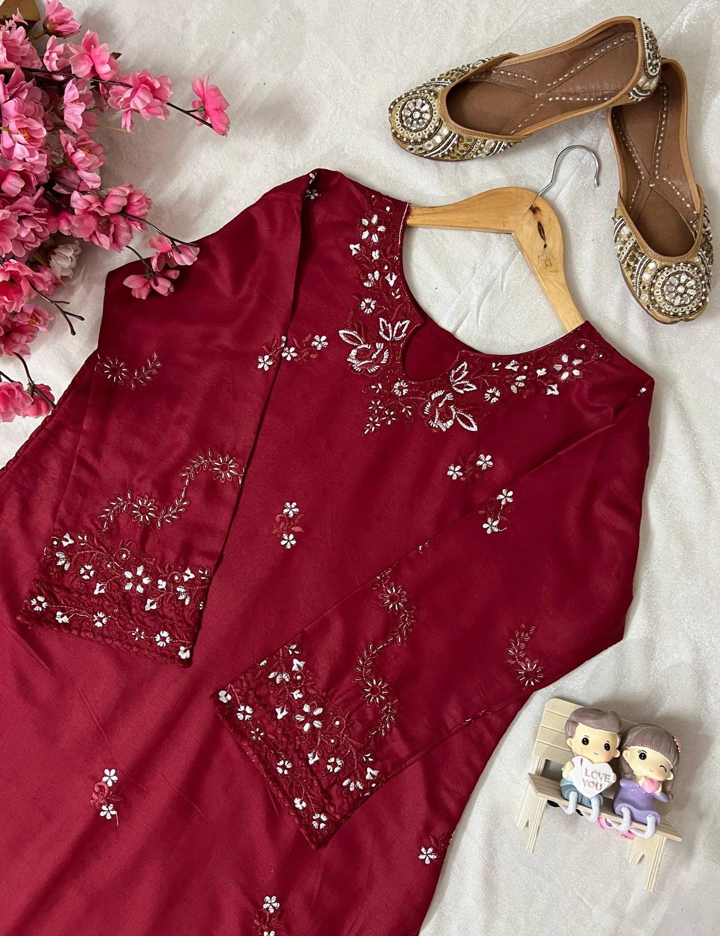 Rayon Cotton Kurti Palazzo Set With Thread Embroidery Work - Comfortable & Daily Wear For Women