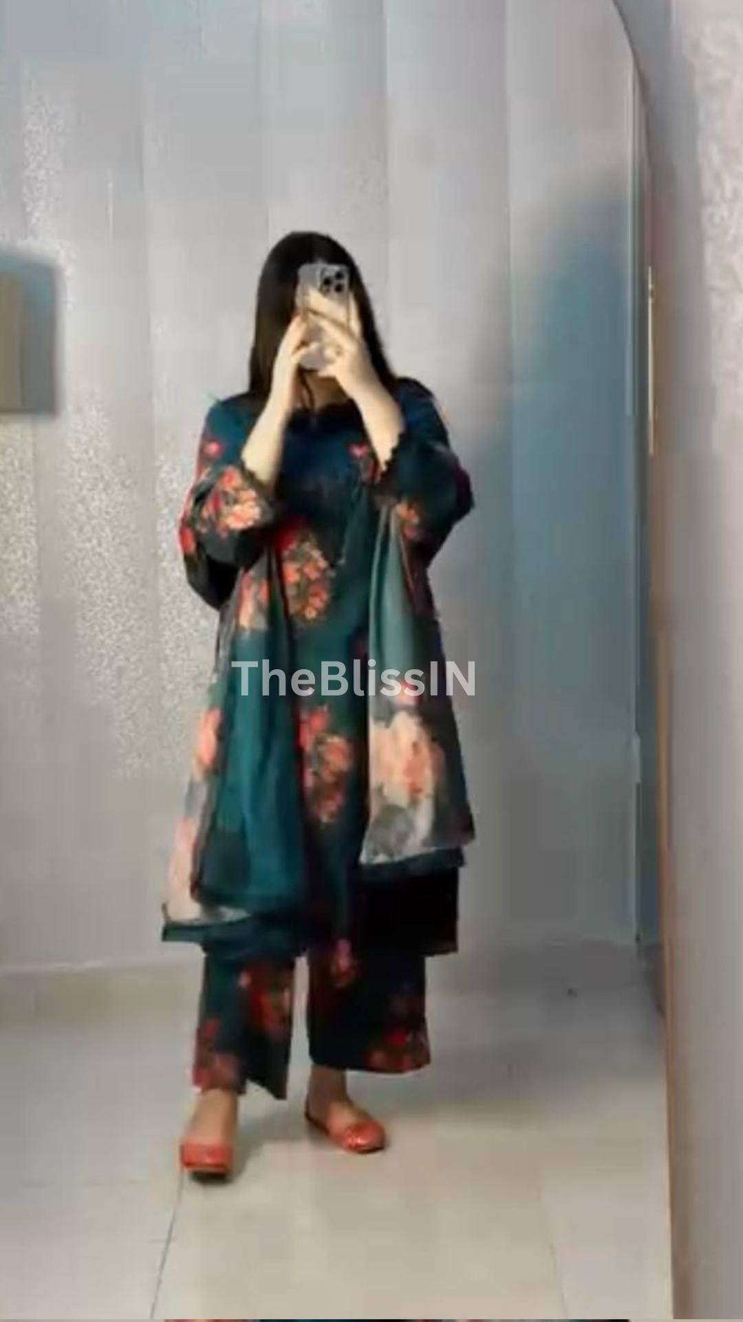 Blue Natural Crepe Palazzo Suit Set in Digital Print and Embroidered Work