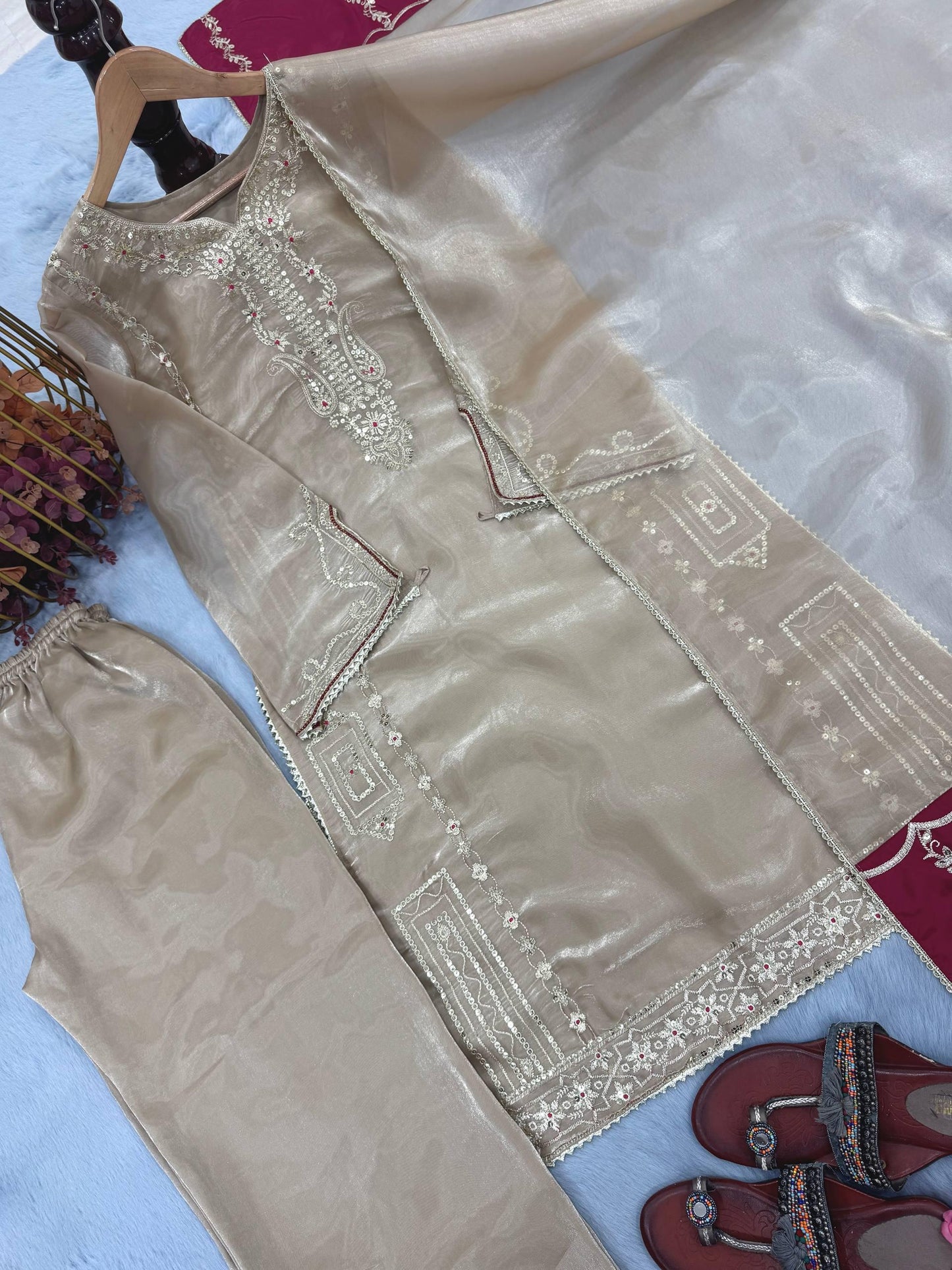 Beige Jimmy Choo Sequin Embroidered Suit Set with Fancy Sleeves and Dupatta