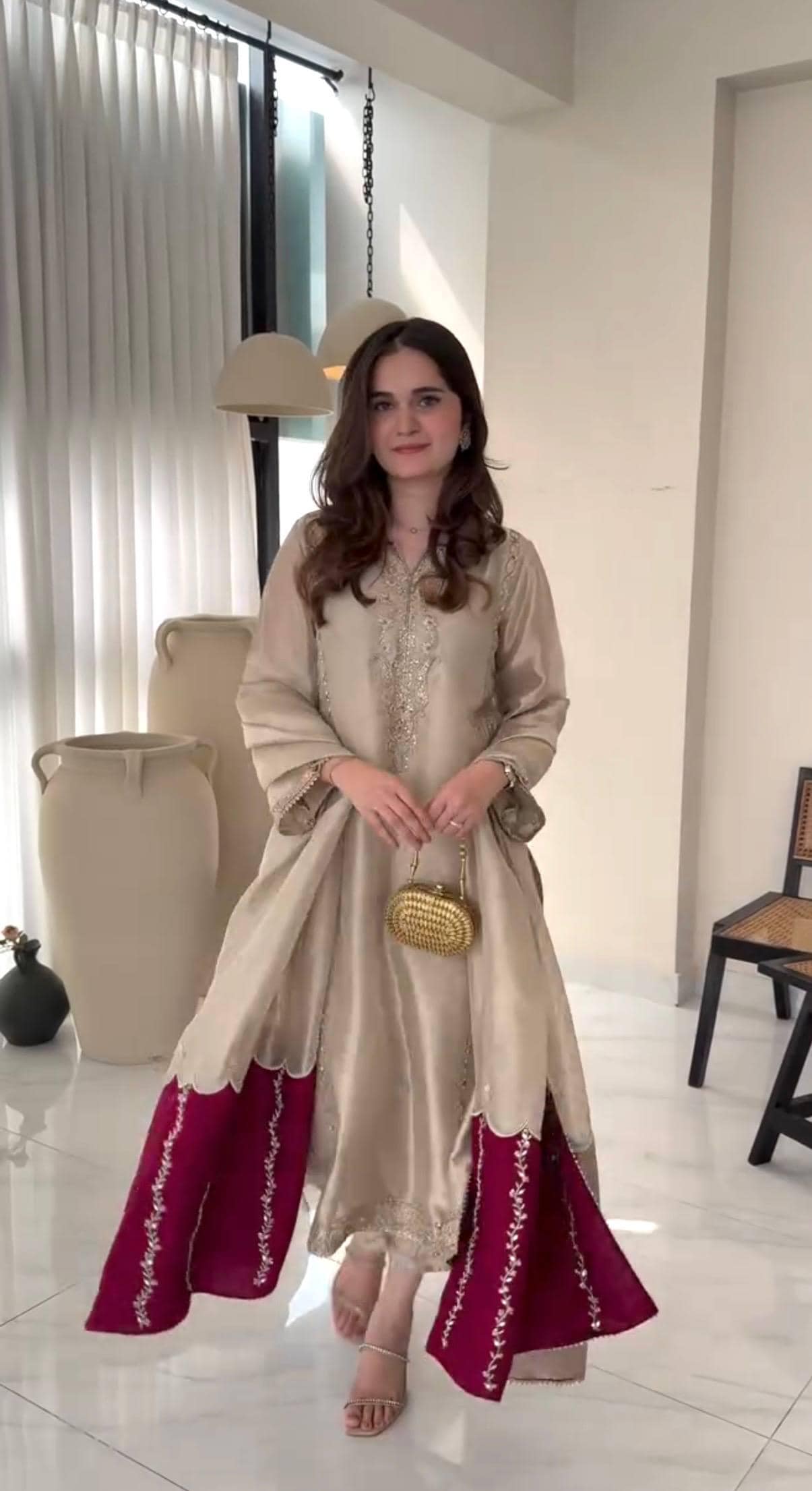 Beige Jimmy Choo Sequin Embroidered Suit Set with Fancy Sleeves and Dupatta