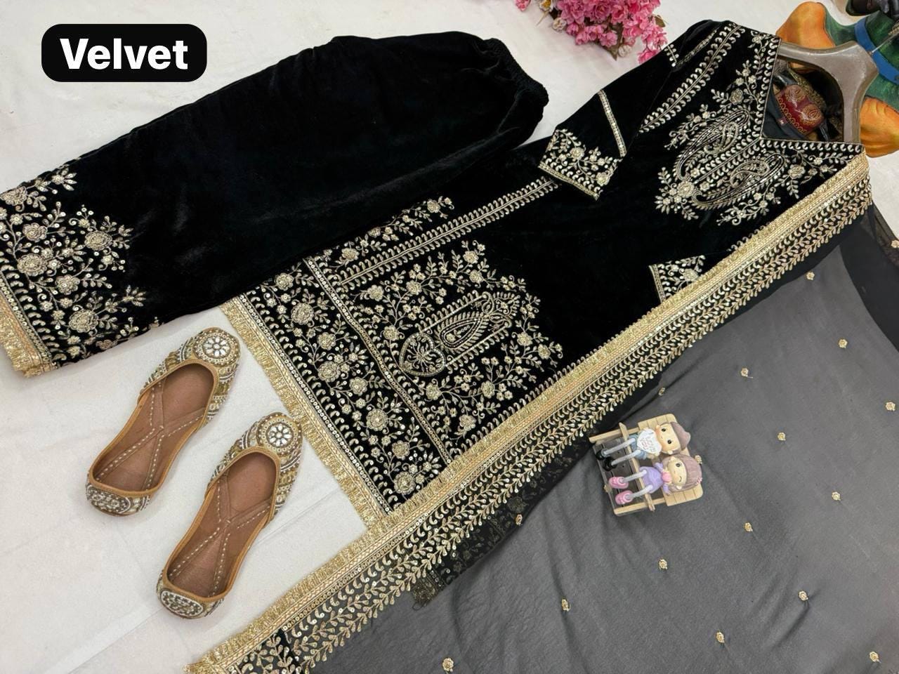 Luxury All Black Velvet Embroidered Suit Set with Georgette Dupatta for Festive & Wedding Wear